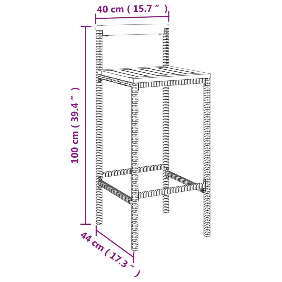 Ein Diagramm eines Barhockers mit Maßangaben: 40 cm (15,7") Breite, 100 cm (39,4") Höhe und 44 cm (17,3") Basisbreite.