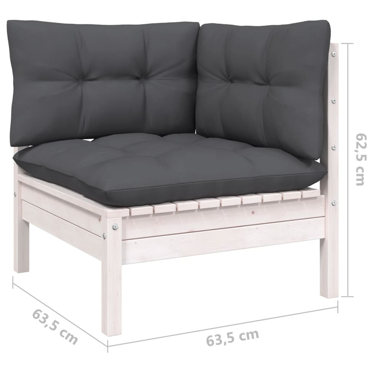 Ecksofa mit weißem Rahmen und grauen Kissen. Maße: 63,5x63,5x62,5 cm. Kissen sind gesteppt.