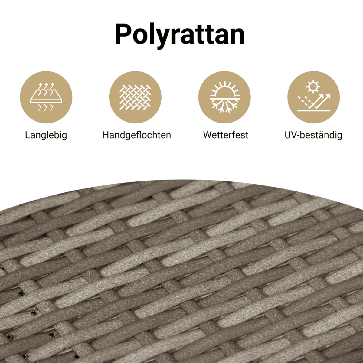 Nahaufnahme von Polyratten-Material mit Text: langlebig, handgeflochten, wetterfest, UV-beständig. Das Material ist braunes und graues Korbgeflecht.