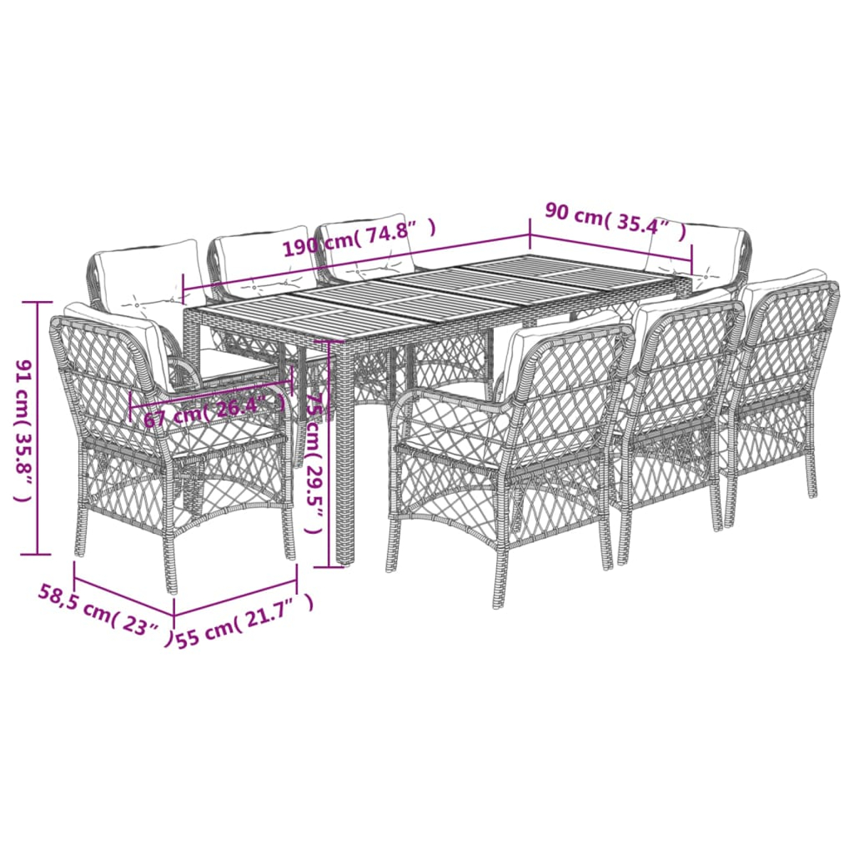 Ein Rattan-Esstisch-Set für den Außenbereich mit einem rechteckigen Tisch und acht Stühlen. Abmessungen in cm und Zoll.