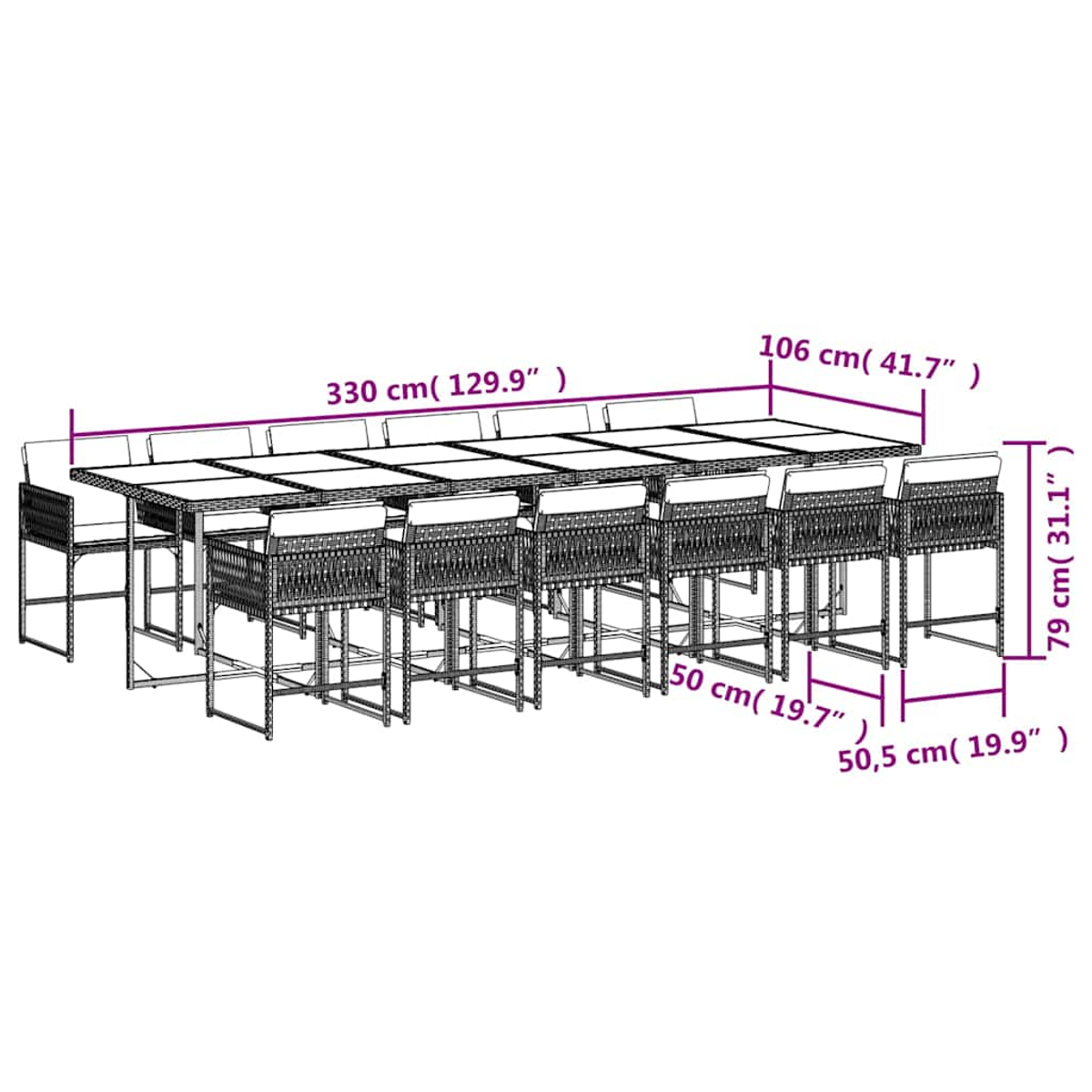 Ein großes Ess-Set für draußen mit einem langen Tisch und mehreren Stühlen wird gezeigt. Abmessungen sind angegeben, der Tisch ist 330 cm lang.