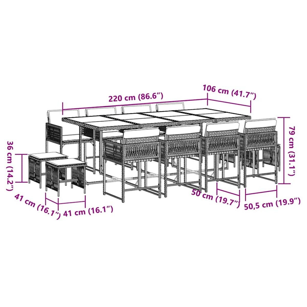 Set da pranzo da esterno con un grande tavolo, sedie e sgabelli. Le dimensioni in centimetri sono visualizzate nell'immagine.