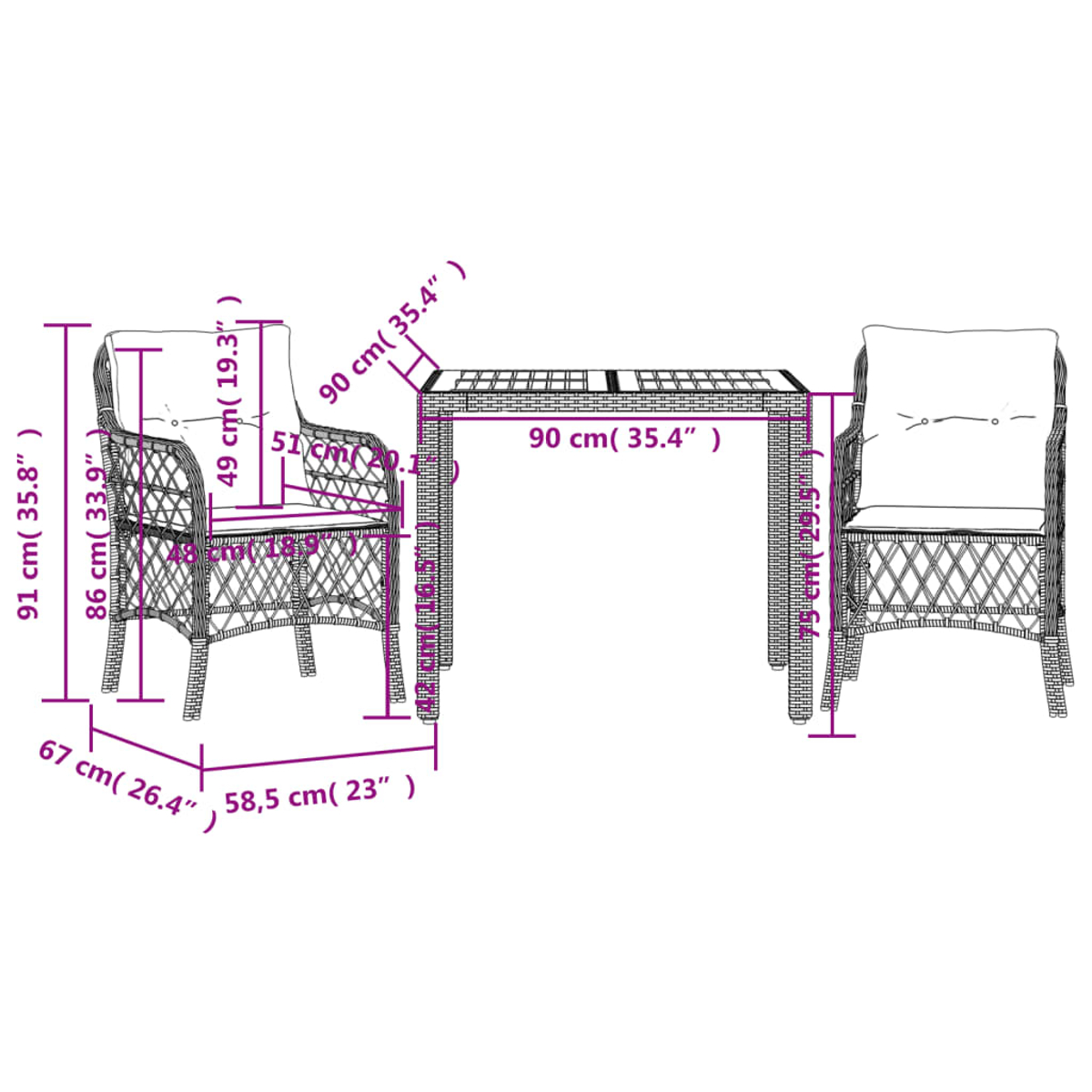 Ein Diagramm zeigt Gartenmöbel: einen rechteckigen Tisch und zwei Stühle. Maße sind in cm und Zoll angegeben.