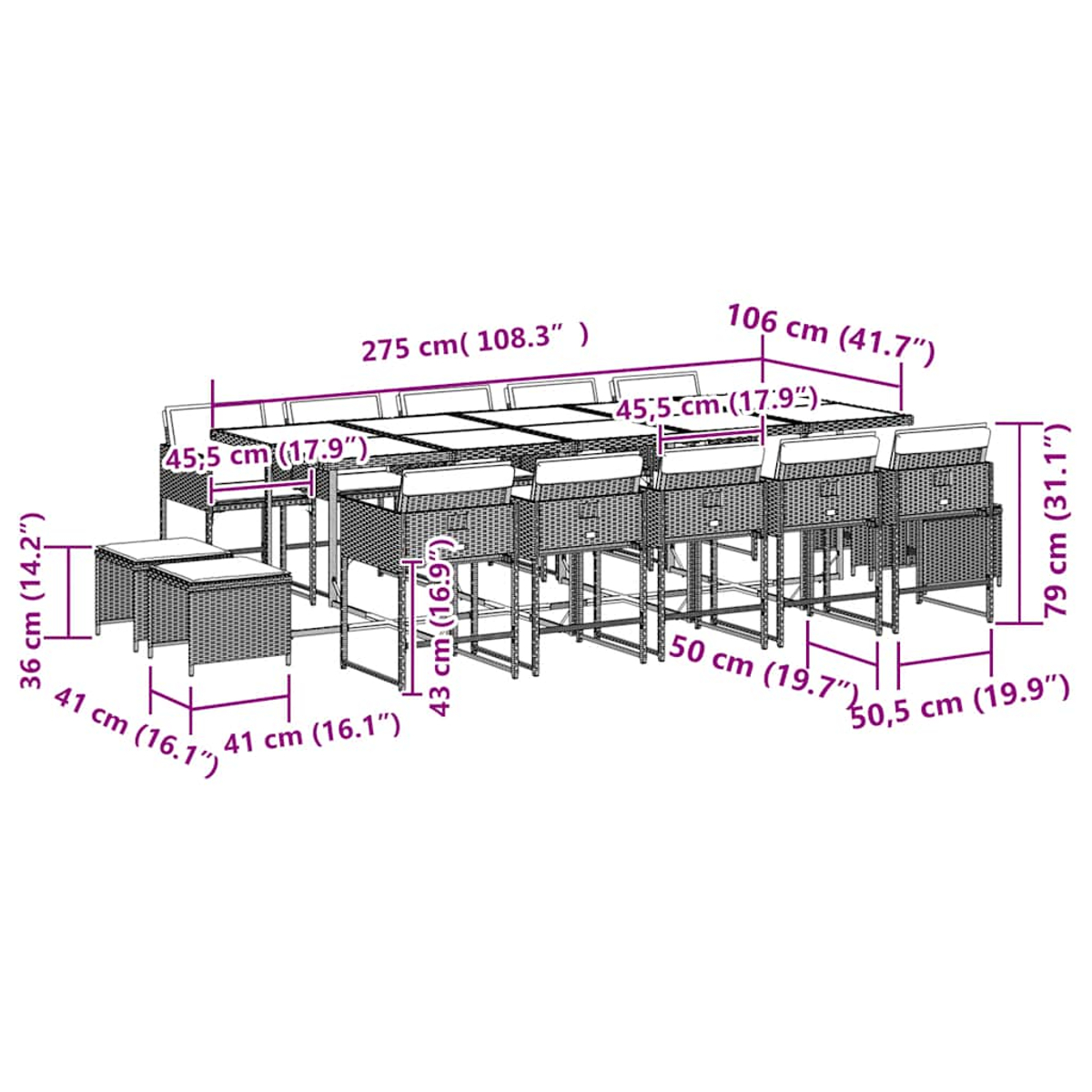 Ein Ess-Set für den Außenbereich mit einem langen Tisch, Stühlen und Hockern. Abmessungen in cm sind im gesamten Bild beschriftet.