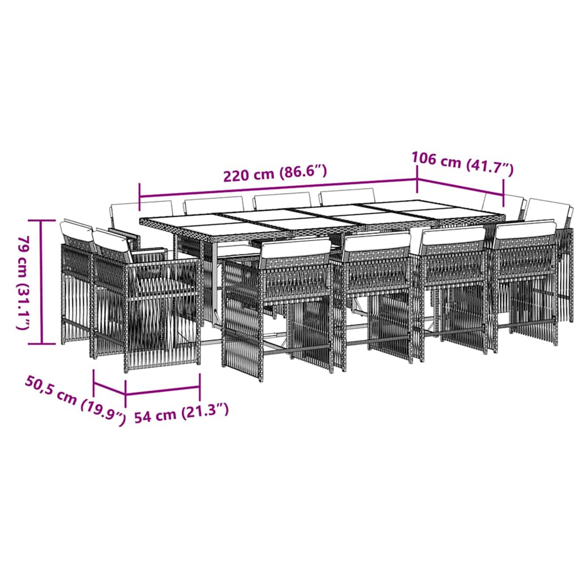 Un set da pranzo all'aperto con un grande tavolo e sedie. Le dimensioni sono visualizzate. Il set è posizionato su sfondo bianco.