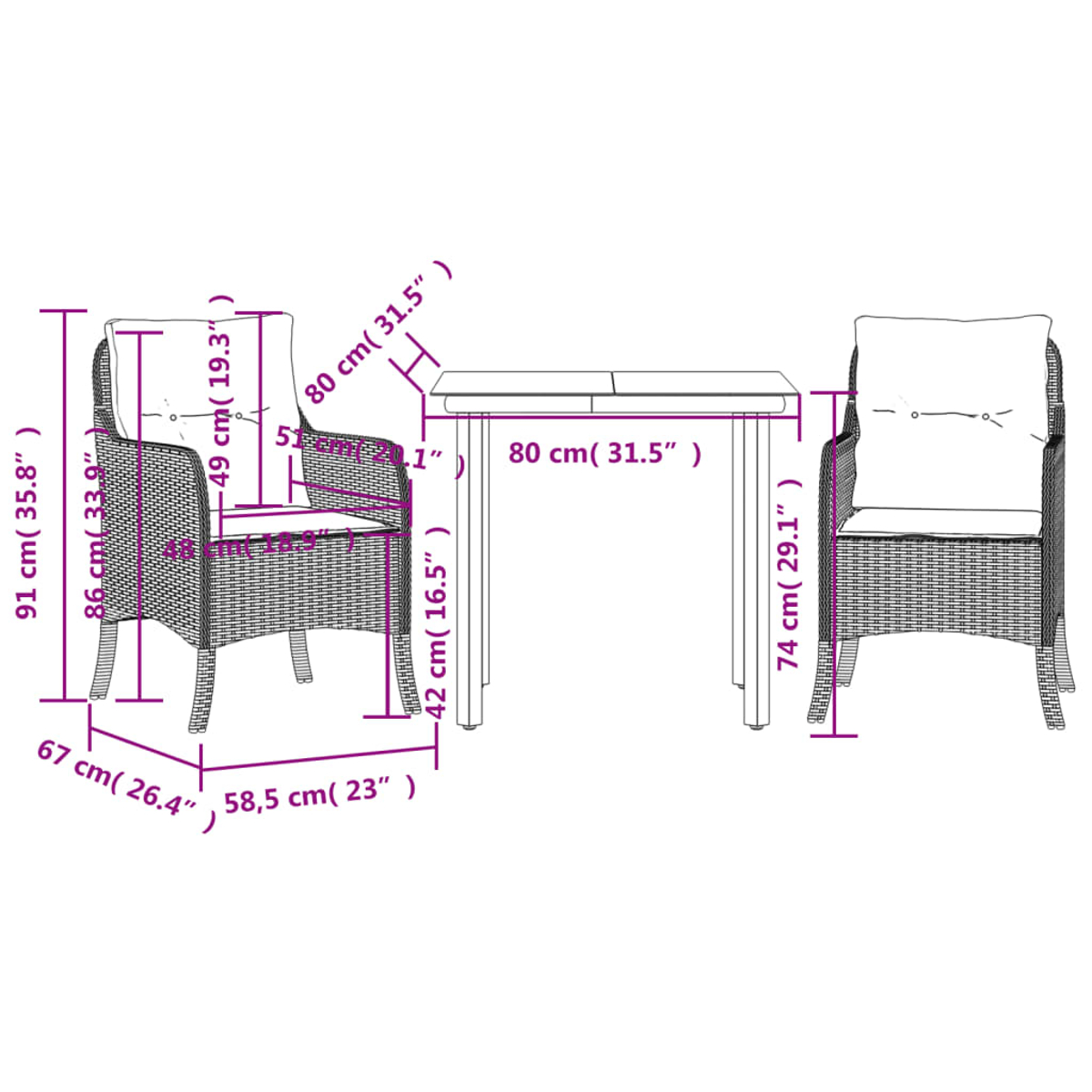 Diagramm eines Tisches und zweier Stühle. Maße sind in cm und Zoll angegeben. Stühle haben Kissen.