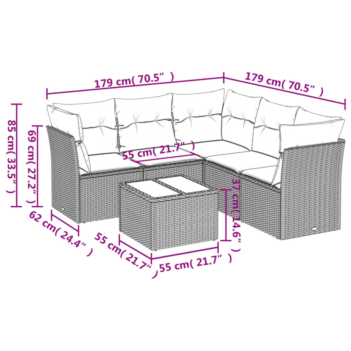 Un set di divani componibili da esterno in vimini con dimensioni etichettate. Include un tavolino e cuscini. Misure in cm e pollici.