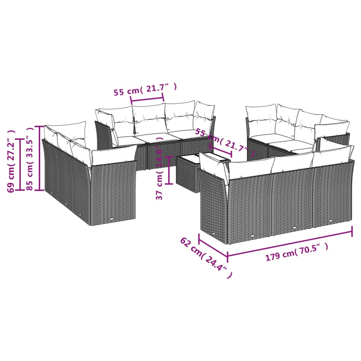 Ein Outdoor-Möbelset mit angegebenen Abmessungen. Es umfasst Sofas, einen Tisch und Kissen. Das Set besteht aus gewebtem Material.