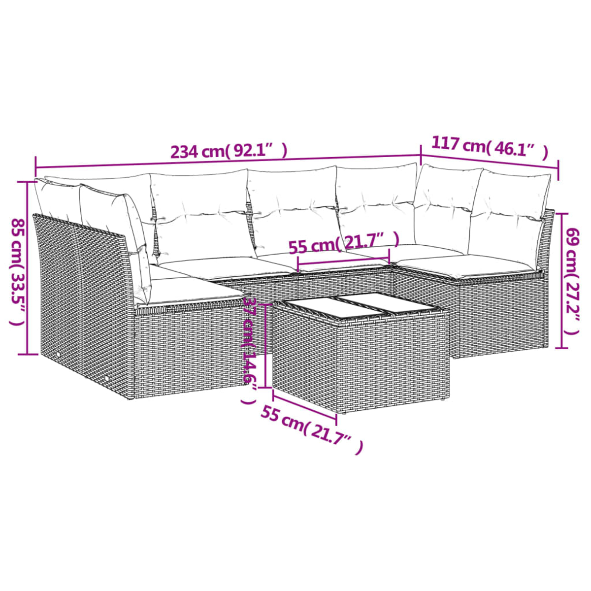 Un divano componibile in vimini e un tavolino quadrato abbinato sono mostrati con le dimensioni indicate in centimetri e pollici.
