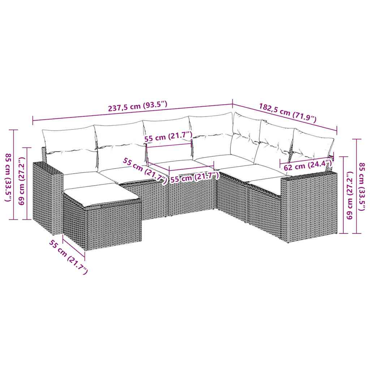 Ein Ecksofa aus Weide für den Außenbereich mit Abmessungen in Zentimetern und Zoll. Das Sofa hat Kissen und eine Fußstütze.