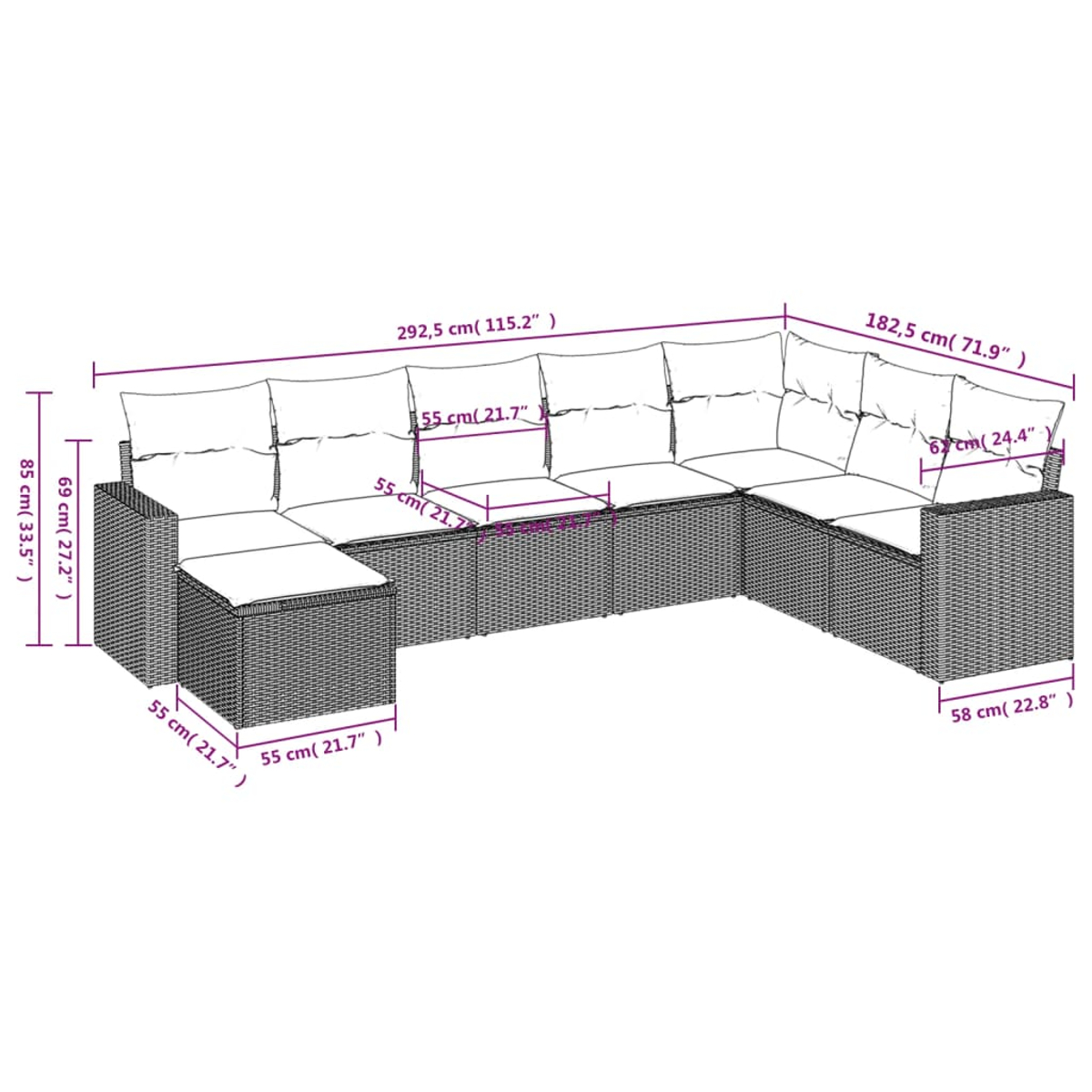 Ein graues Korbsessel-Sofa mit weißen Kissen. Die Abmessungen sind mit Maßen in cm und Zoll angegeben.
