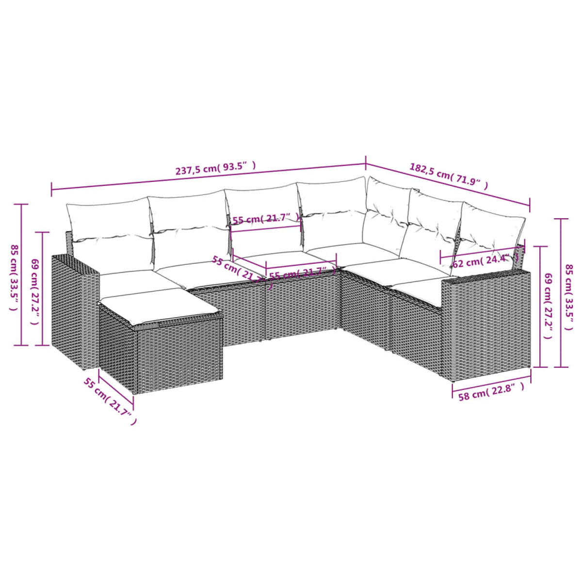 Ein Ecksofa mit Größenangaben. Das Sofa ist aus gewebtem Material und hat weiße Kissen.
