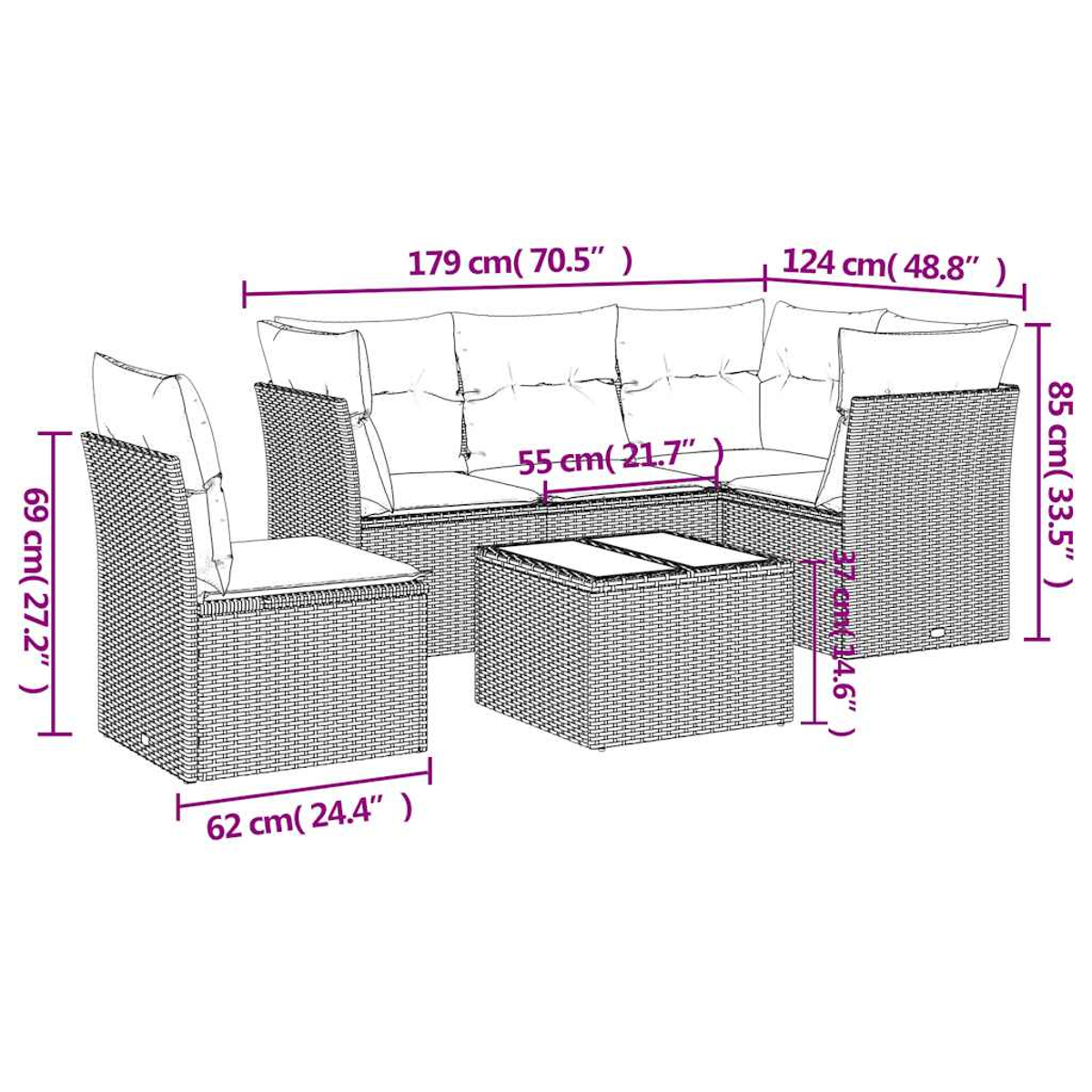 Un set di mobili da esterno in vimini con divano, sedia e tavolino. Le dimensioni sono indicate in cm e pollici.