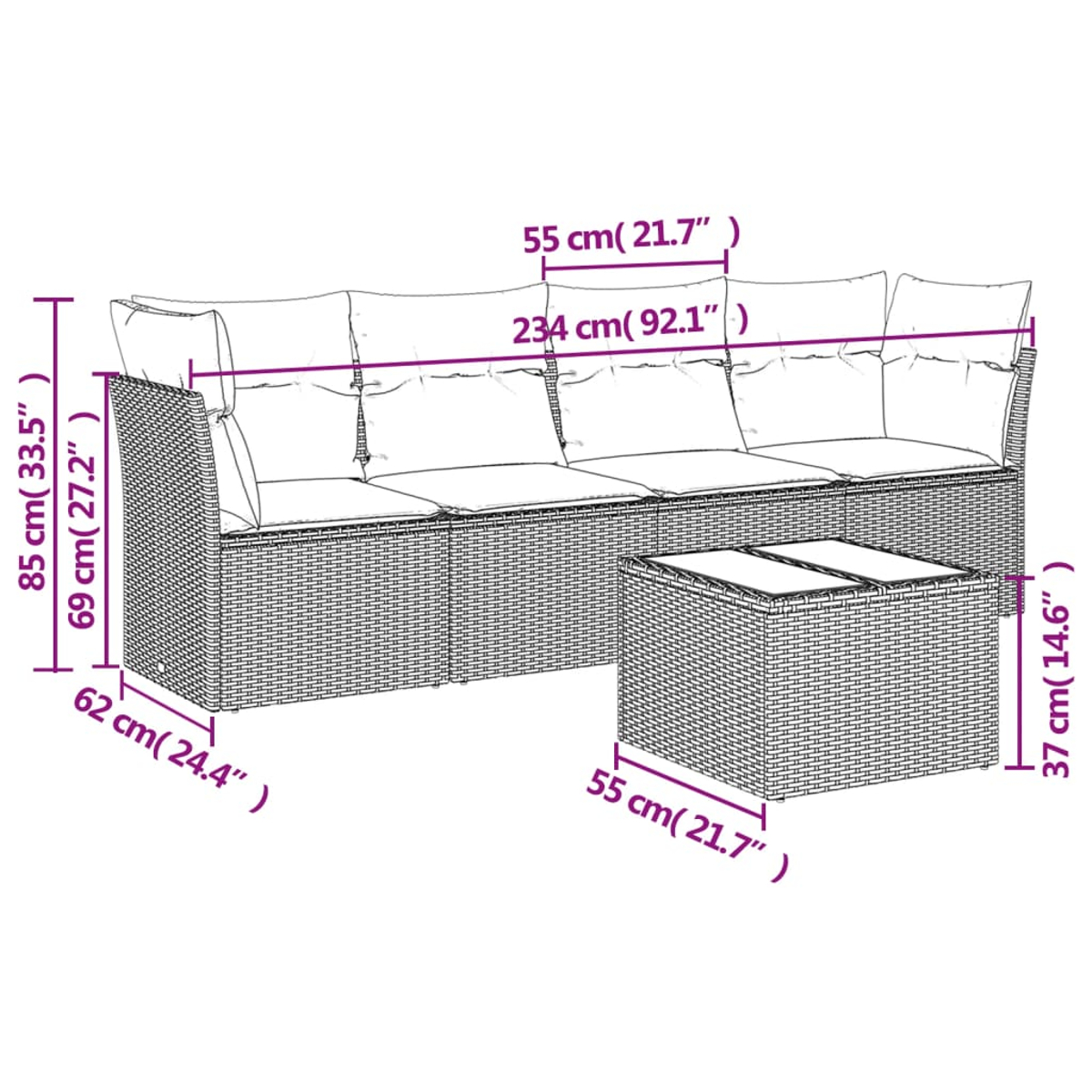 Un set di divano e tavolino in vimini con dimensioni etichettate. Il divano ha cuscini e il tavolo un piano in vetro.