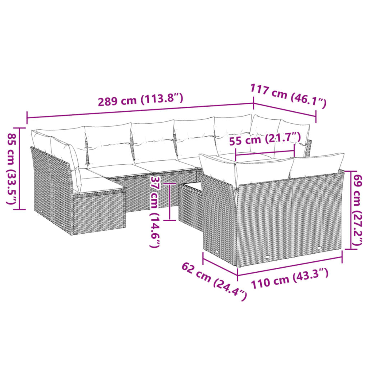 Un set di divani da esterno in rattan con dimensioni indicate. Include un divano componibile e una poltrona con cuscini.