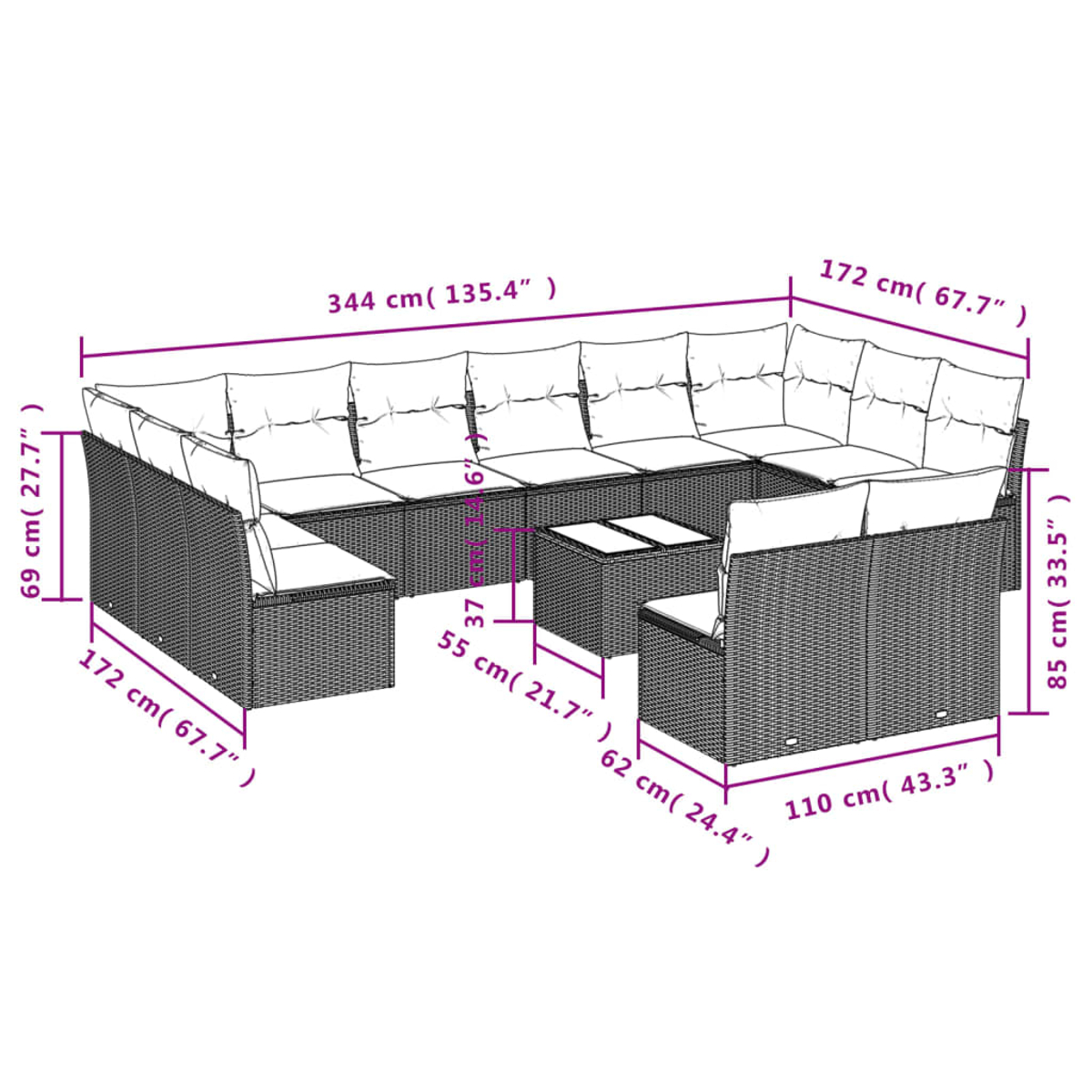 Un sofá seccional para exteriores con cojines blancos y una mesa pequeña. Las dimensiones están etiquetadas en el diagrama.