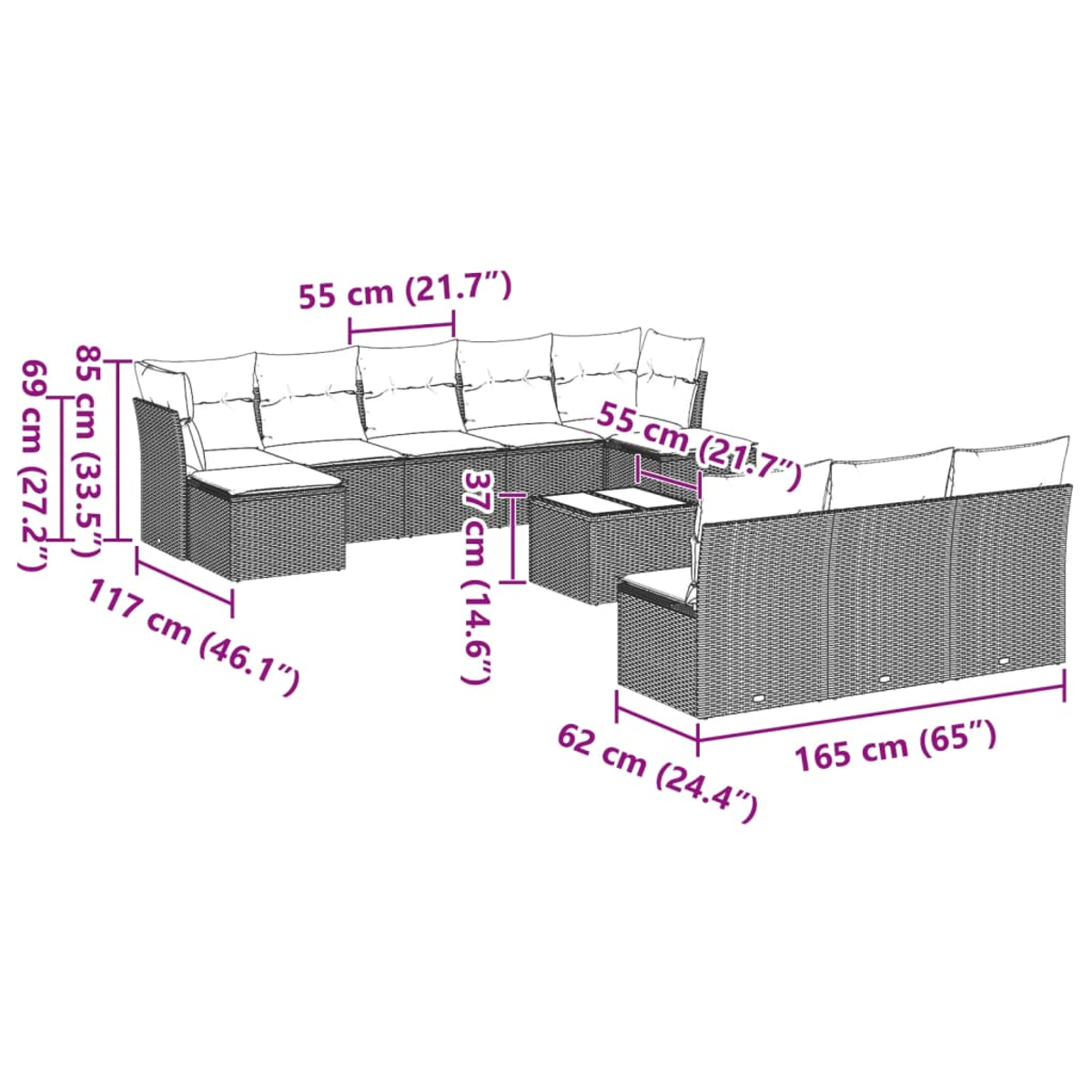 Un diagramma mostra un set di divani modulari per esterni con dimensioni in centimetri e pollici. Il set include divani, tavoli e cuscini.