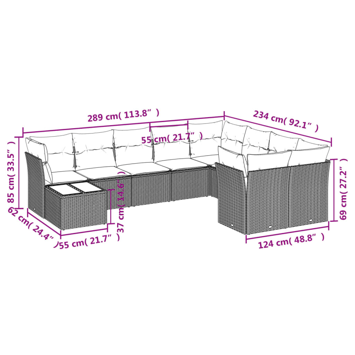 Ein großes, braunes Ecksofa aus Korbgeflecht mit weißen Kissen. Maße sind in Zentimetern und Zoll angegeben.
