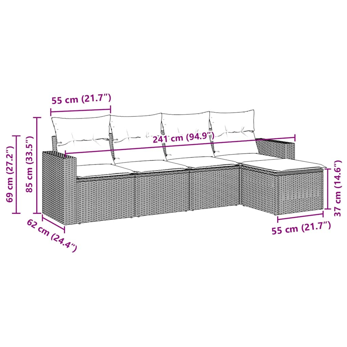 Ein Korbmöbel-Sofa mit beschrifteten Abmessungen. Es hat Kissen und eine angebrachte Ottomane. Maße sind in cm und Zoll angegeben.