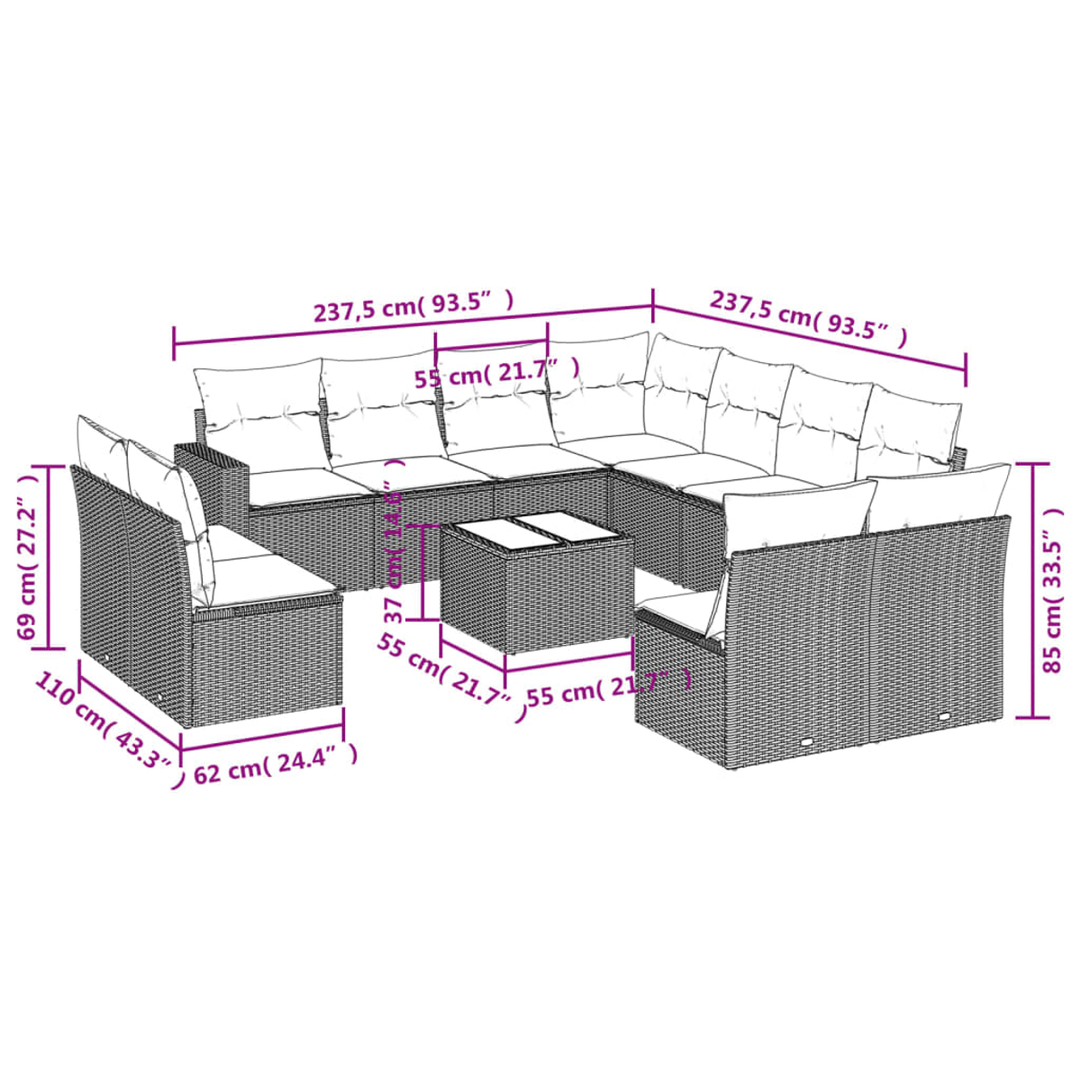 Ein Outdoor-Rattansofa-Set mit Maßangaben. Es enthält Kissen und einen Mitteltisch.