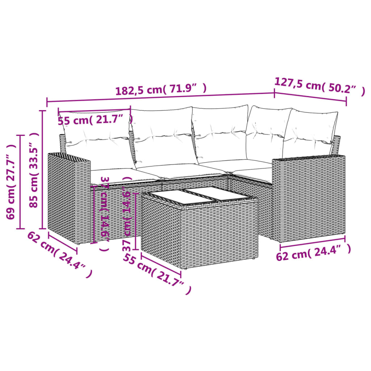 Ein Ecksofa aus Rattan und ein Couchtisch werden mit Maßen in Zentimetern und Zoll gezeigt.