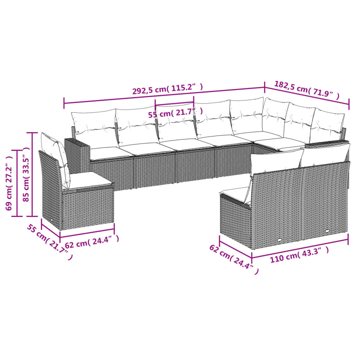 Ein Eck-Outdoor-Sofaset im Wicker-Stil mit Maßen. Es enthält mehrere Sitzteile und Kissen mit Abmessungen.