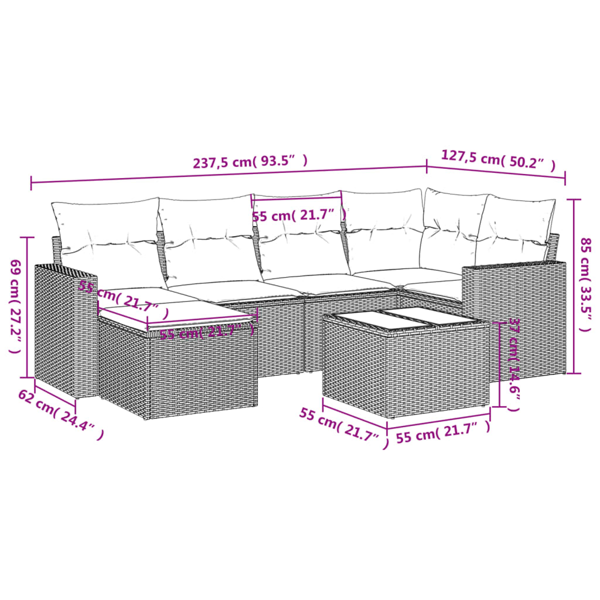 Geflochtenes Outdoor-Sofa-Set mit Maßangaben. Es umfasst ein Ecksofa, eine Fußstütze und einen Couchtisch.
