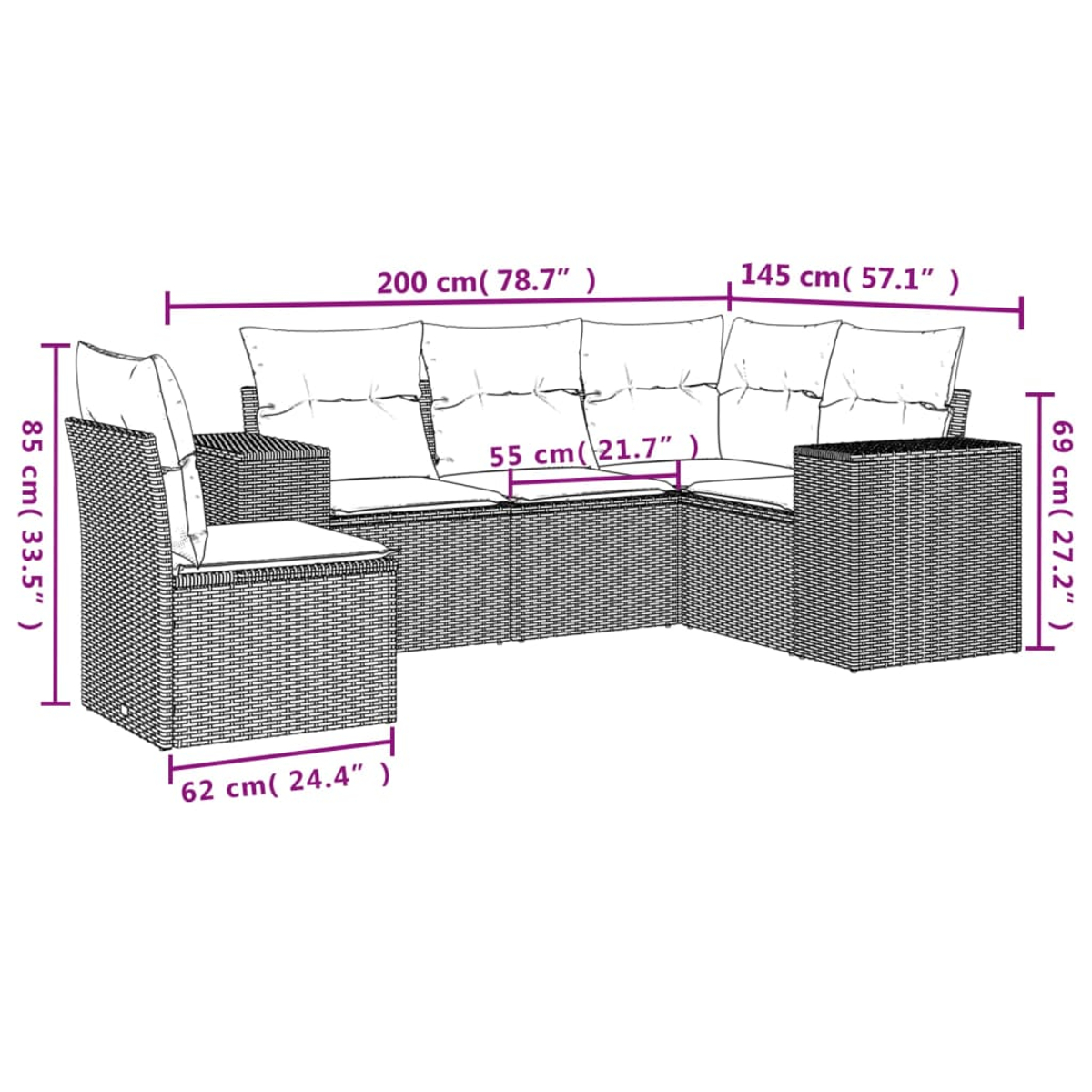 Un divano angolare in rattan con dimensioni: 200x145x69cm, alto 85cm. Include cuscini e braccioli. Isolato su sfondo bianco.