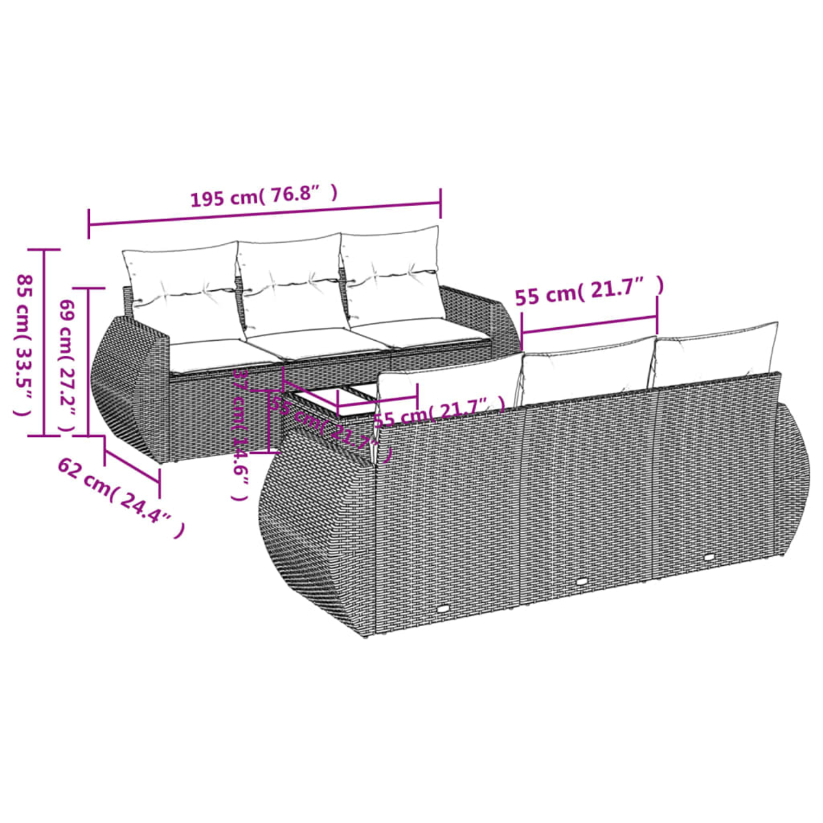 Zwei Rattansofas und ein kleiner Tisch werden angezeigt. Die Abmessungen sind in Zentimetern angegeben.