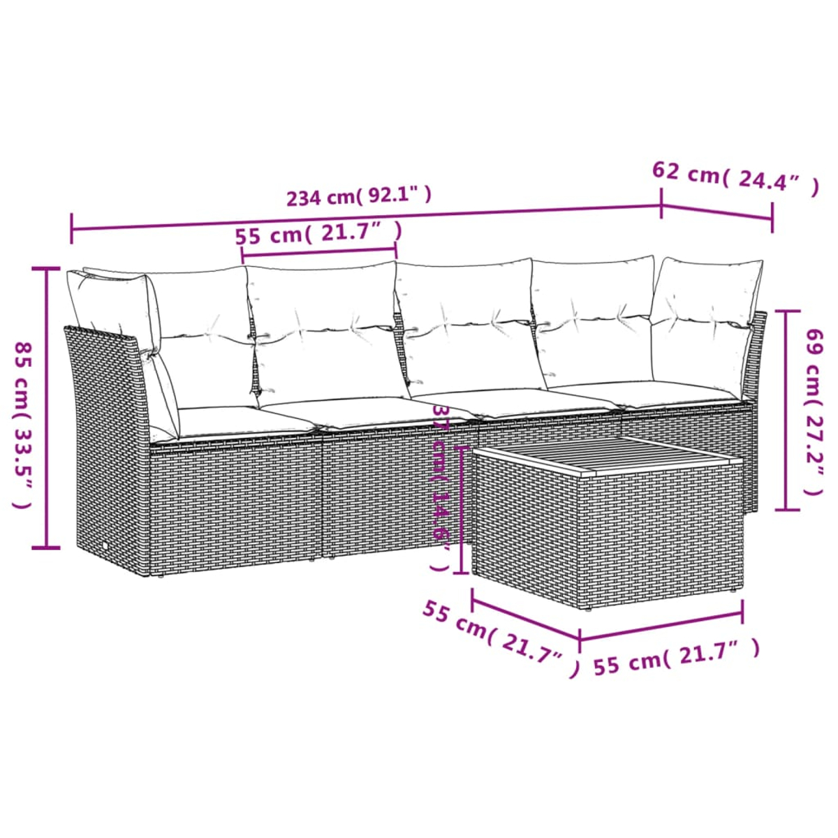 Ein braunes Korbmöbel-Sofa mit Kissen und einem passenden quadratischen Tisch. Maße sind in cm und Zoll angegeben.