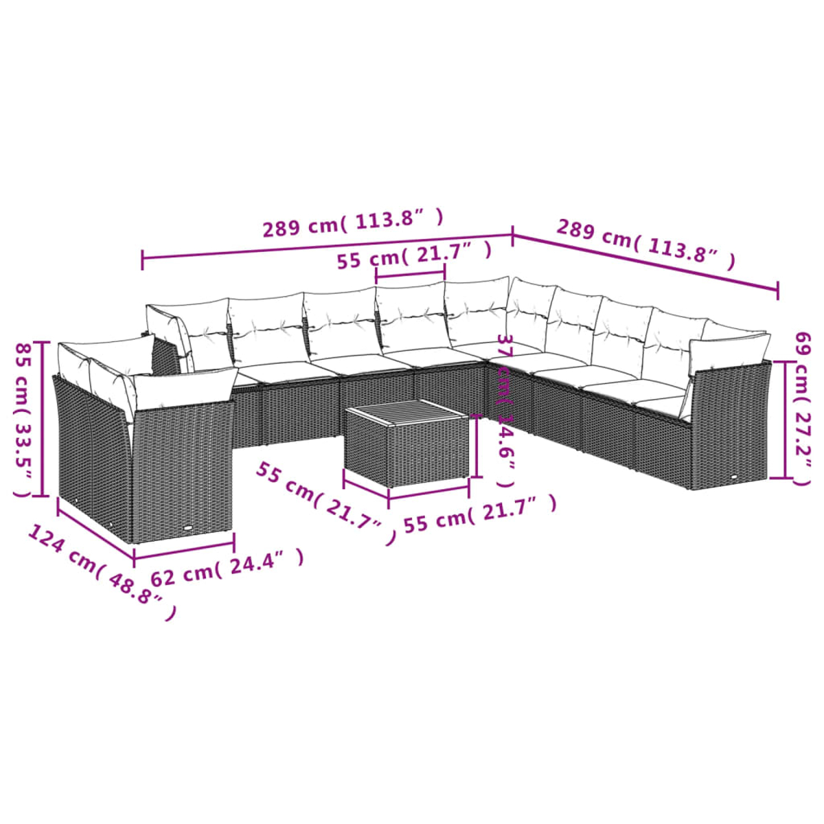 Diagramm eines großen, dunklen Ecksofas aus Korbgeflecht mit weißen Kissen, Couchtisch und Abmessungen in cm und Zoll.