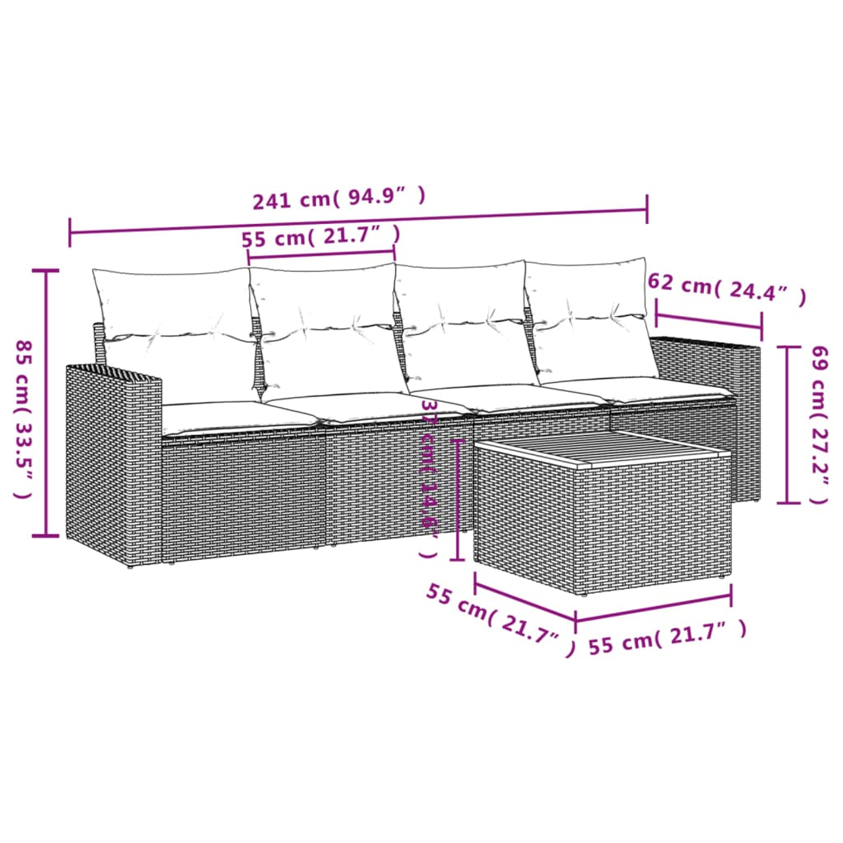 Ein Outdoor-Sofa aus Korbgeflecht mit Abmessungen in cm und Zoll. Inklusive passendem quadratischem Couchtisch. Auf dem Sofa befinden sich weiße Kissen.