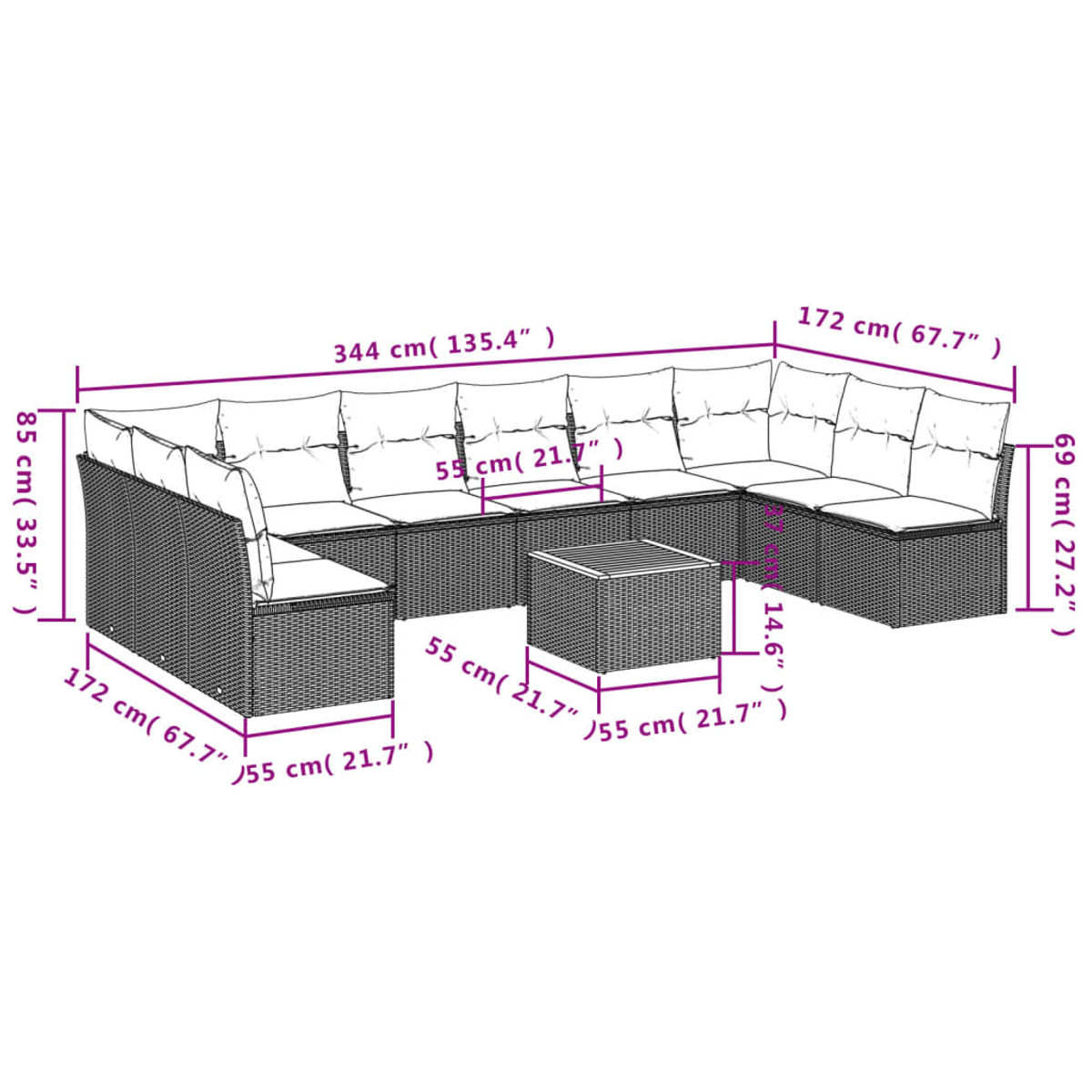 Ein Ecksofa für den Außenbereich und ein kleiner Tisch. Das Sofa ist grau und hat weiße Kissen. Die Maße sind angegeben.