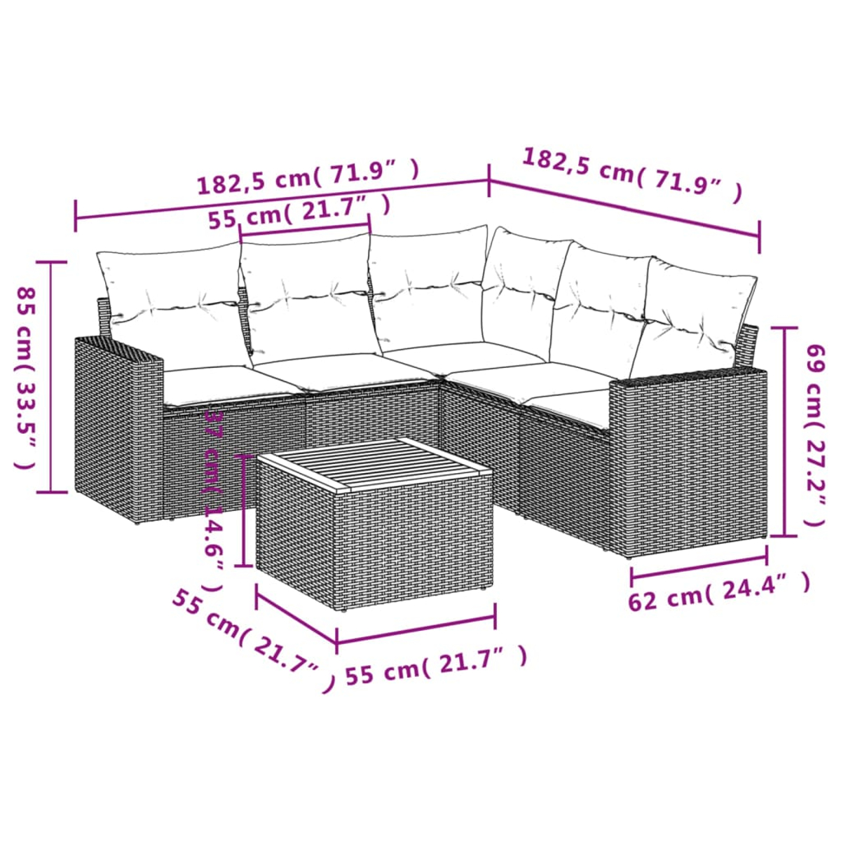 Ein Ecksofa für den Außenbereich mit einem passenden quadratischen Couchtisch. Maße sind in cm und Zoll angegeben. Das Sofa ist aus Korbgeflecht.