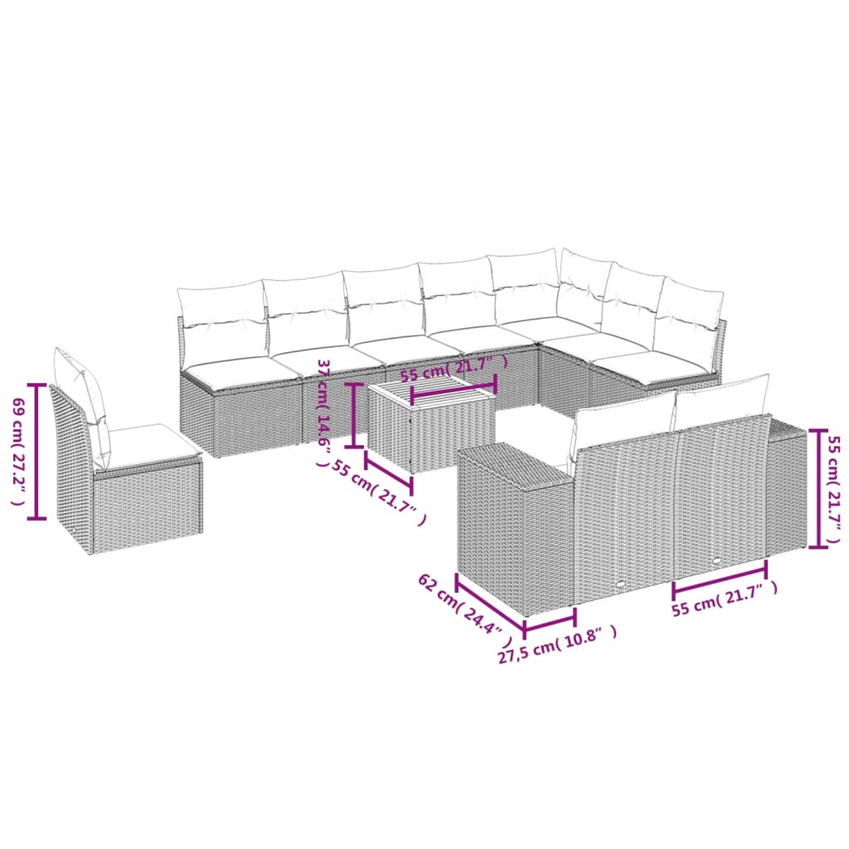 Ein Diagramm zeigt Gartenmöbel: ein Ecksofa, ein Stuhl und ein Couchtisch. Maße sind in cm und Zoll angegeben.