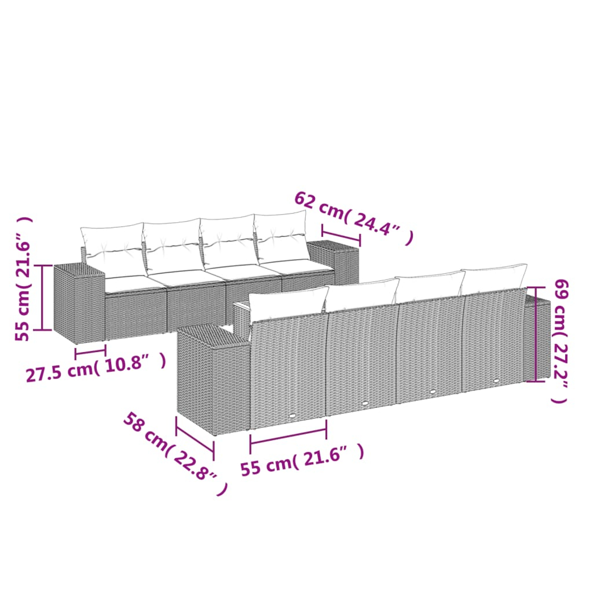 Diagramm von zwei Korbsesseln mit Maßangaben in Zentimetern und Zoll. Enthält Kissen und Beistelltische.