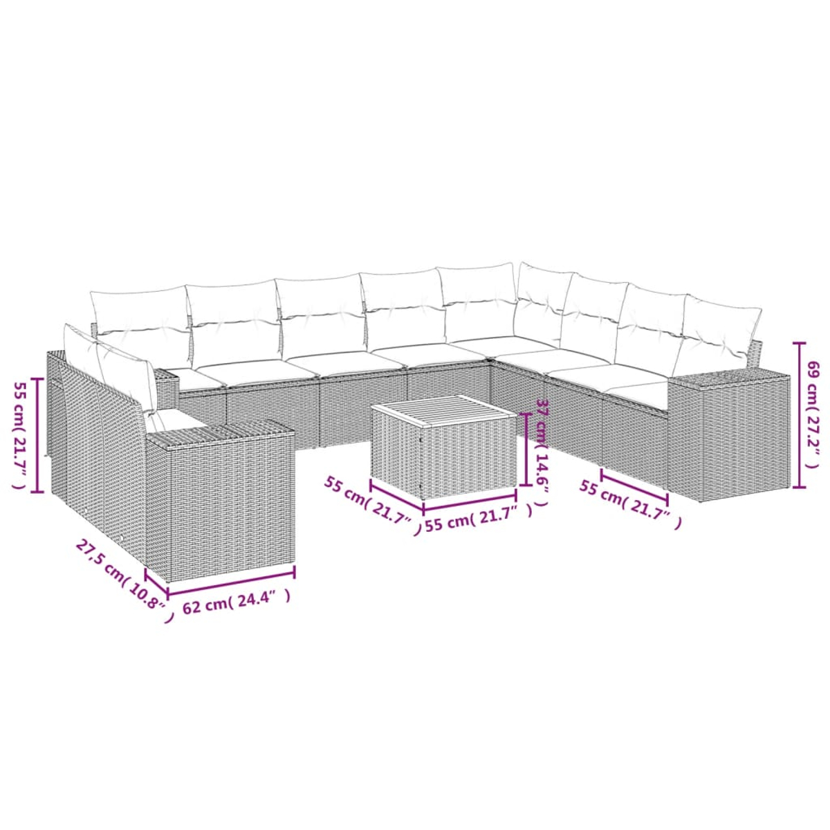 Ein Outdoor-Ecksofa-Set mit Abmessungen. Es verfügt über ein großes Ecksofa und einen quadratischen Couchtisch, alles in Hellbraun.