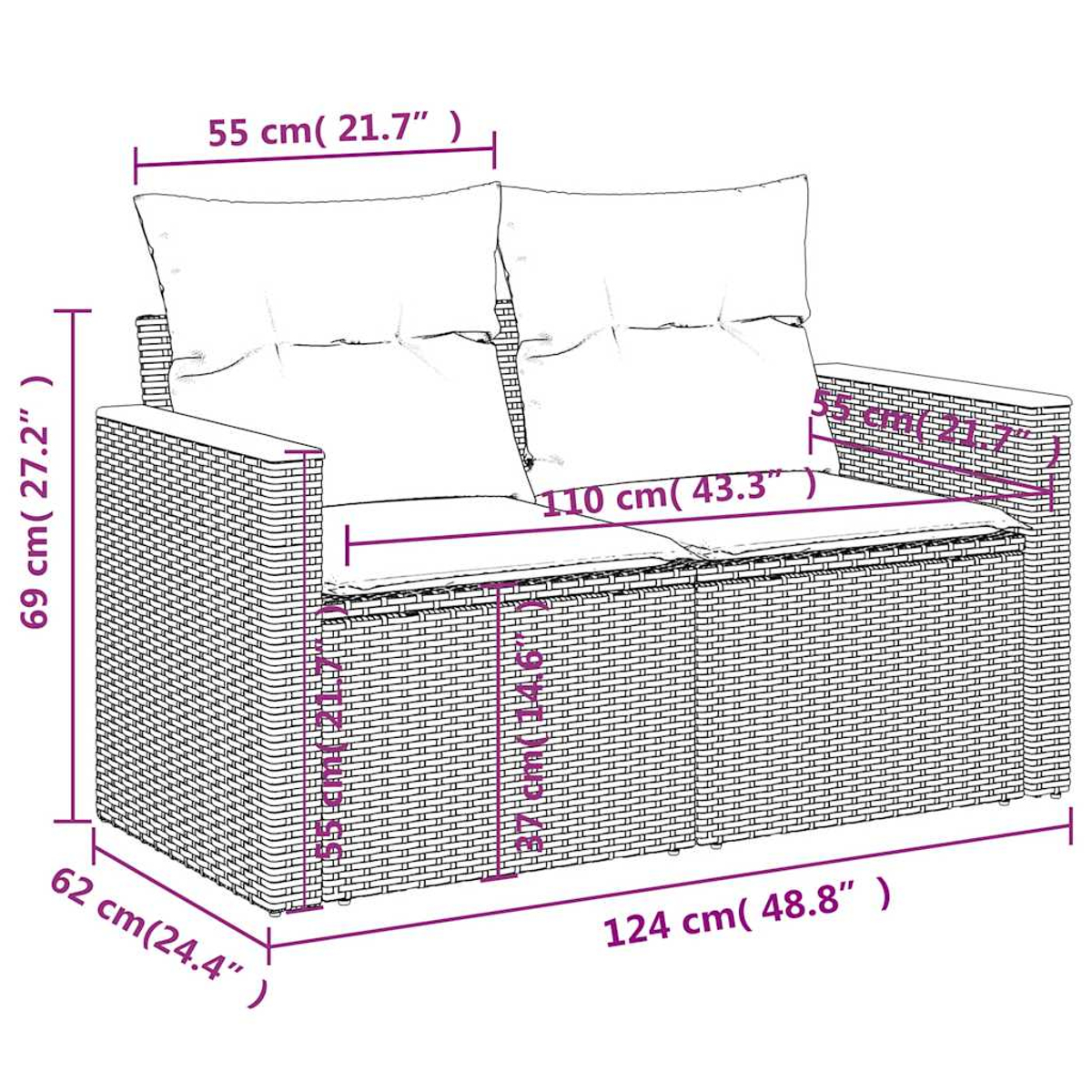 Ein zweisitziges Korbmöbelsofa mit Maßangaben. Es hat zwei Kissen und wird mit Maßen in Zentimetern und Zoll dargestellt.