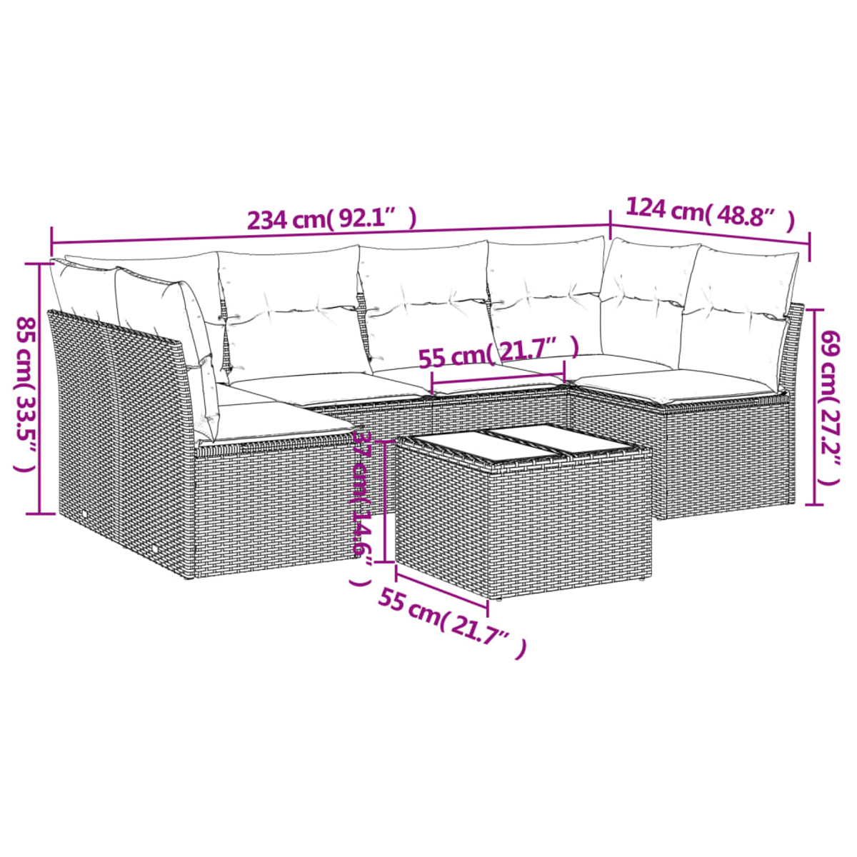 Un divano componibile in rattan e un tavolo quadrato sono mostrati con dimensioni indicate. Il divano ha cuscini e il tavolo un piano in vetro.
