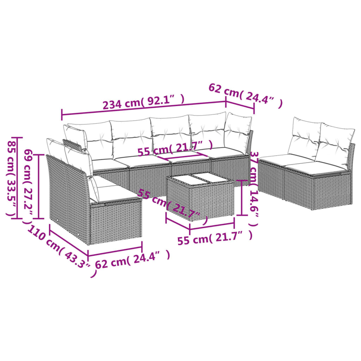 Un set di divani componibili da esterno in vimini. Include un divano angolare, un sedile singolo e un tavolino quadrato, tutti con dimensioni.