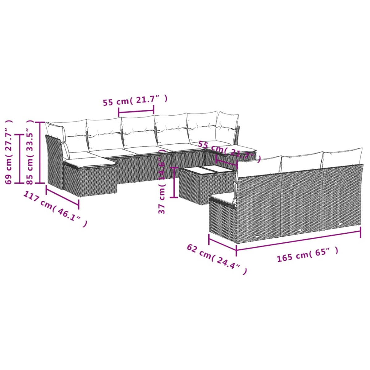 Schema di un set di mobili da esterno. Include un divano componibile, un divano a due posti e un tavolino, con dimensioni.