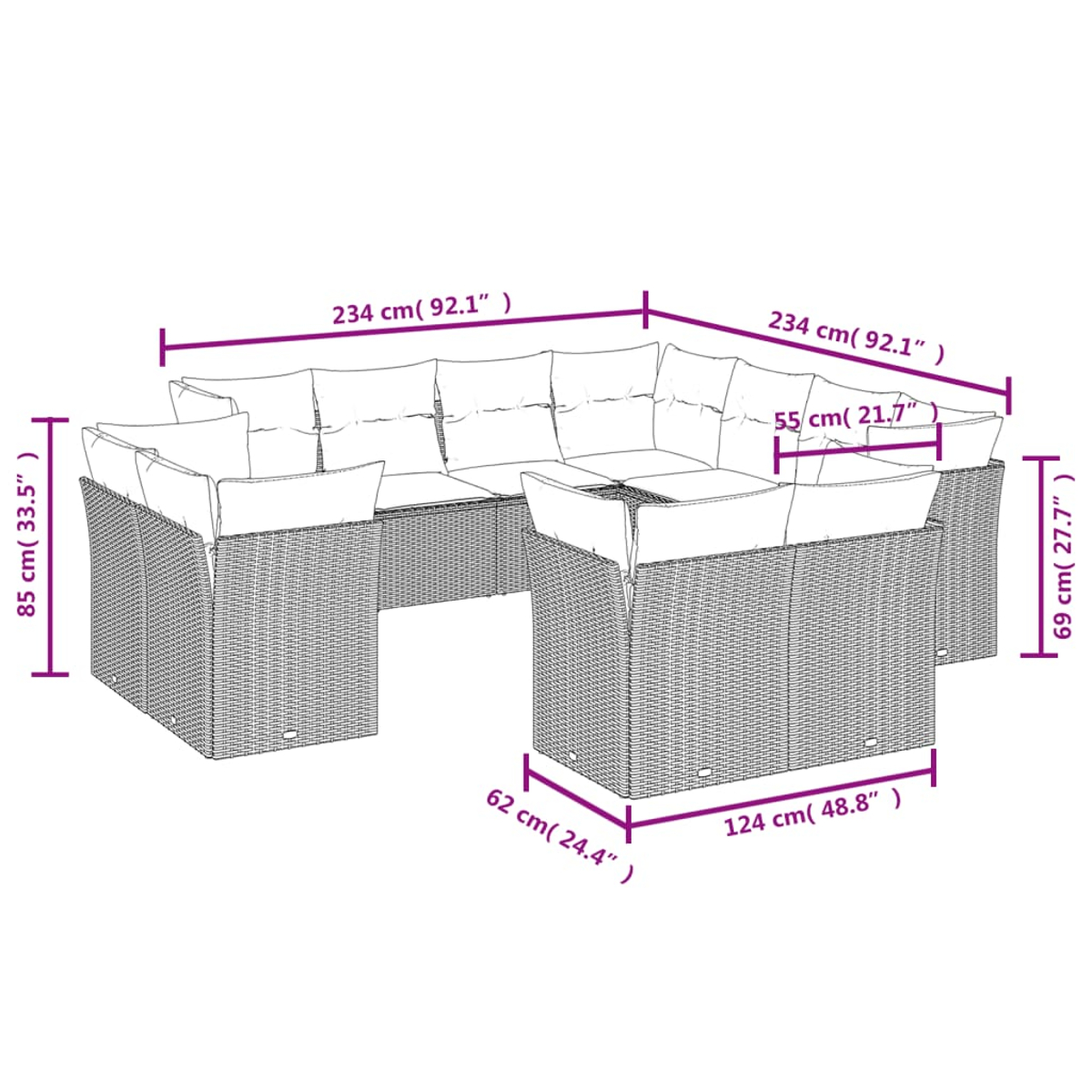 Diagramm eines Ecksofas aus Korbgeflecht mit Abmessungen. Das Sofa ist grau, mit cremefarbenen Kissen. Maße sind in cm und Zoll angegeben.