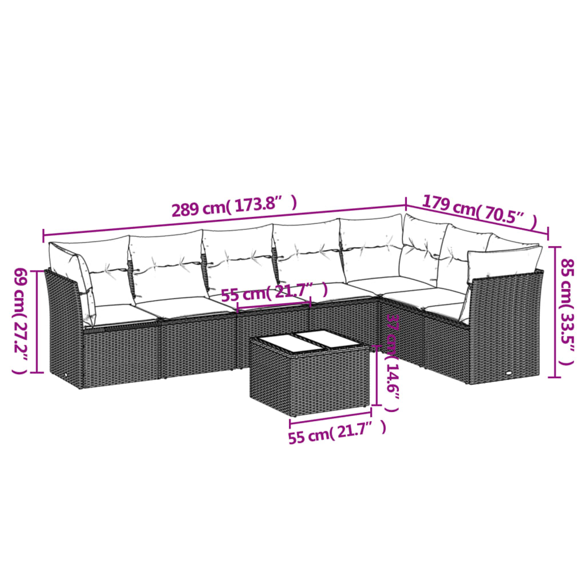 Un set di divani in rattan per esterni con dimensioni etichettate. Include un divano grande, uno più piccolo e un tavolo. I cuscini sono visibili.