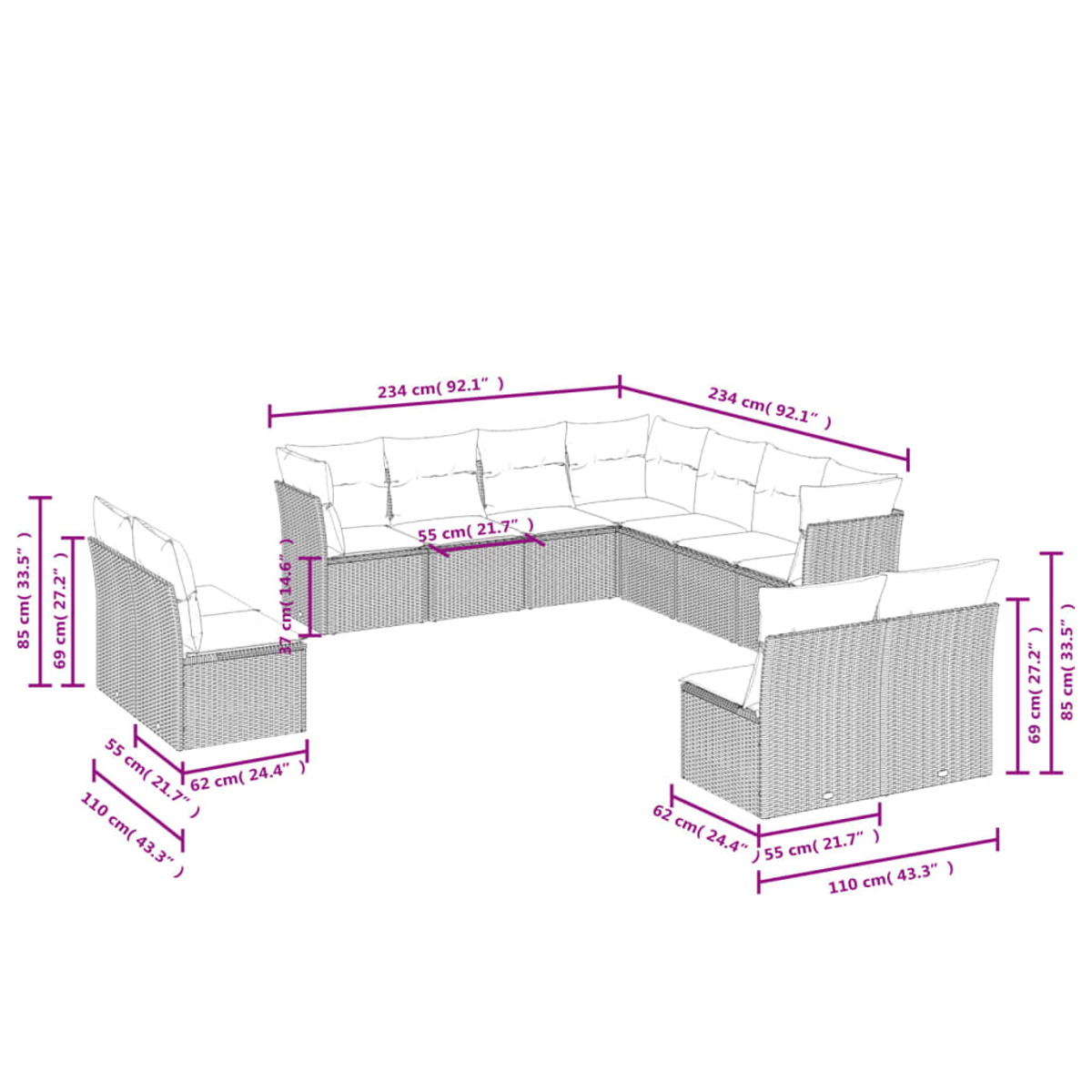 Diagrama de un sofá seccional de mimbre gris para exteriores con medidas. Incluye dos sillones y una sección de sofá esquinero.