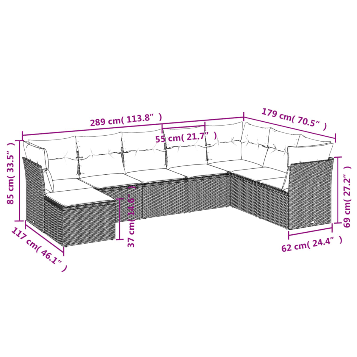 Ein Outdoor-Ecksofa aus braunem Korbgeflecht mit weißen Kissen. Abmessungen sind im gesamten Bild mit cm und Zoll angegeben.