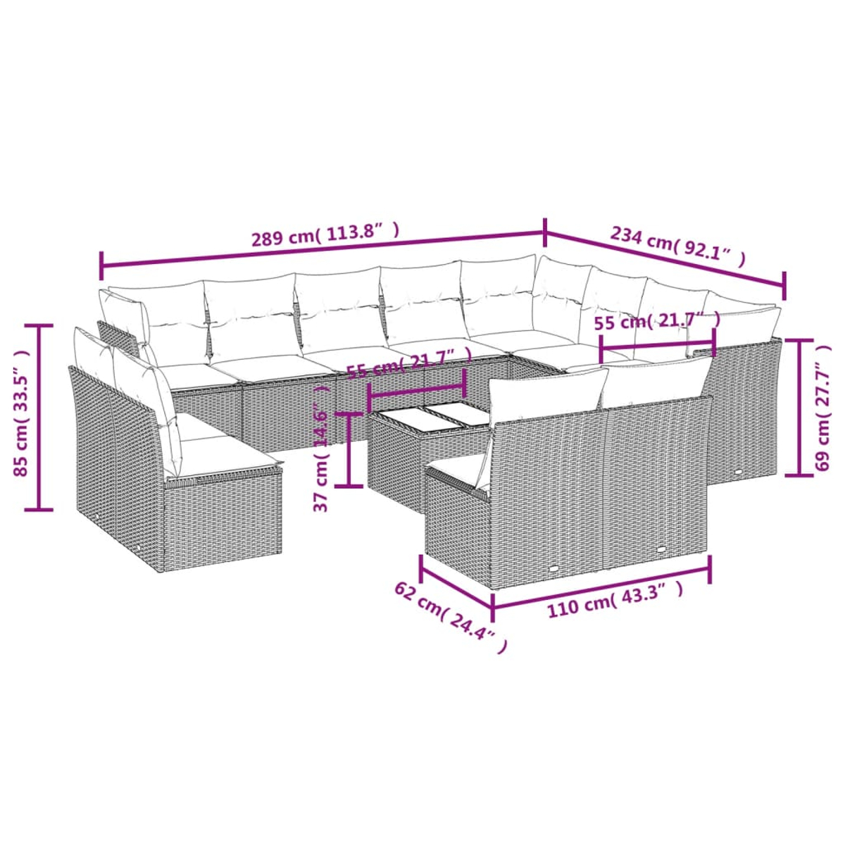 Un ampio set di mobili da esterno in vimini con dimensioni etichettate. Include un divano componibile, poltrone e un tavolino.