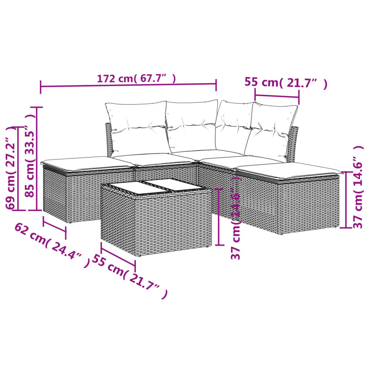 Un divano componibile per esterni con cuscini e un tavolino. Le dimensioni sono indicate in centimetri e pollici.