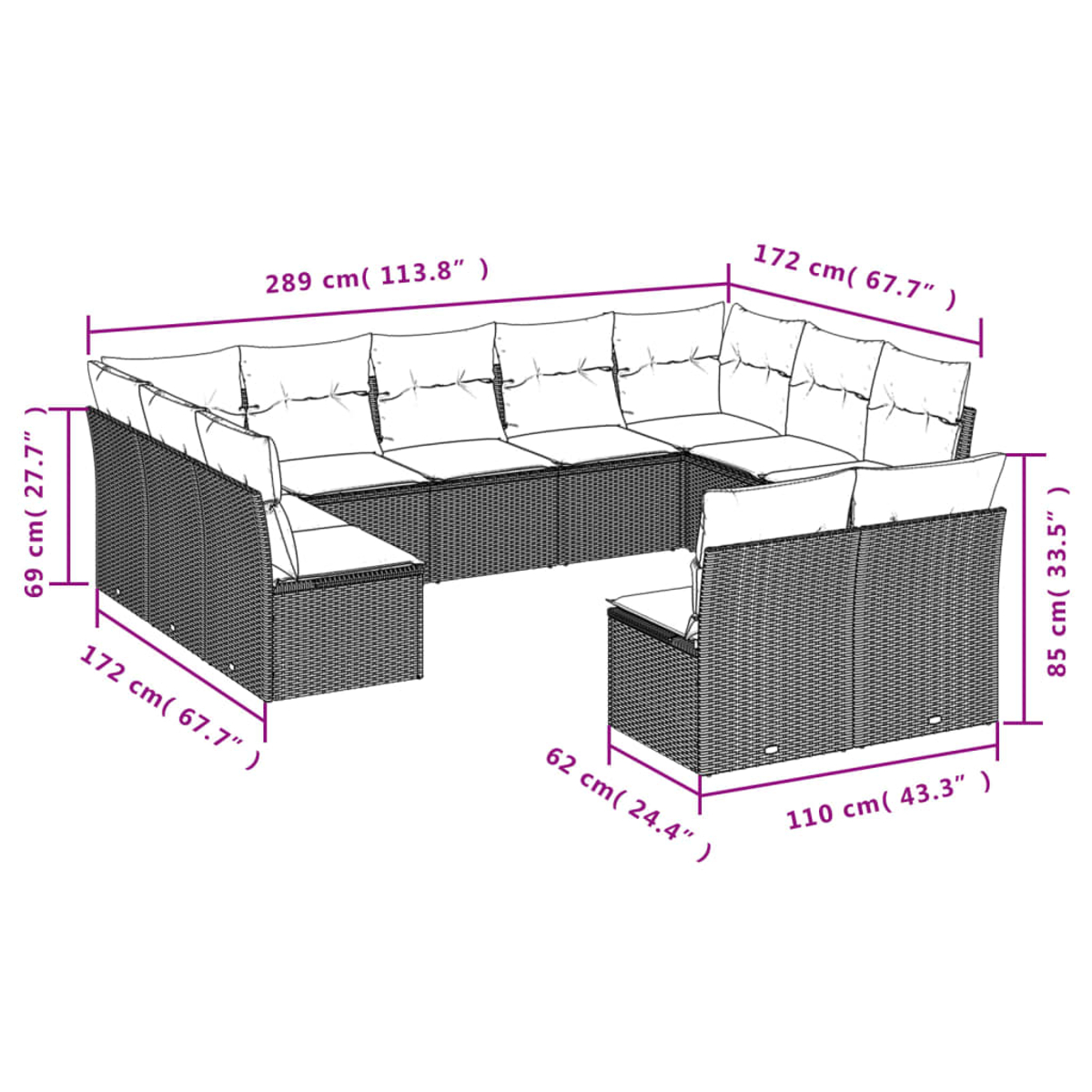 Ein großes, dunkles Outdoor-Ecksofa aus Korbgeflecht mit weißen Kissen wird gezeigt. Abmessungen in cm/Zoll sind auf dem Bild angegeben.