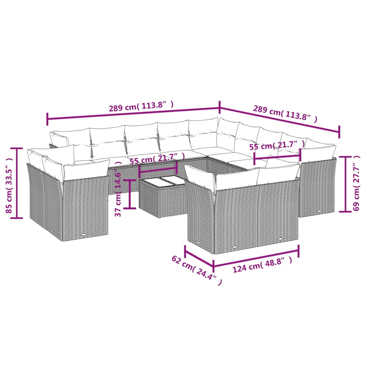 Set divano in vimini da esterno con dimensioni etichettate. Include sezioni di seduta, cuscini e tavoli, contrassegnati con misure in cm e pollici.