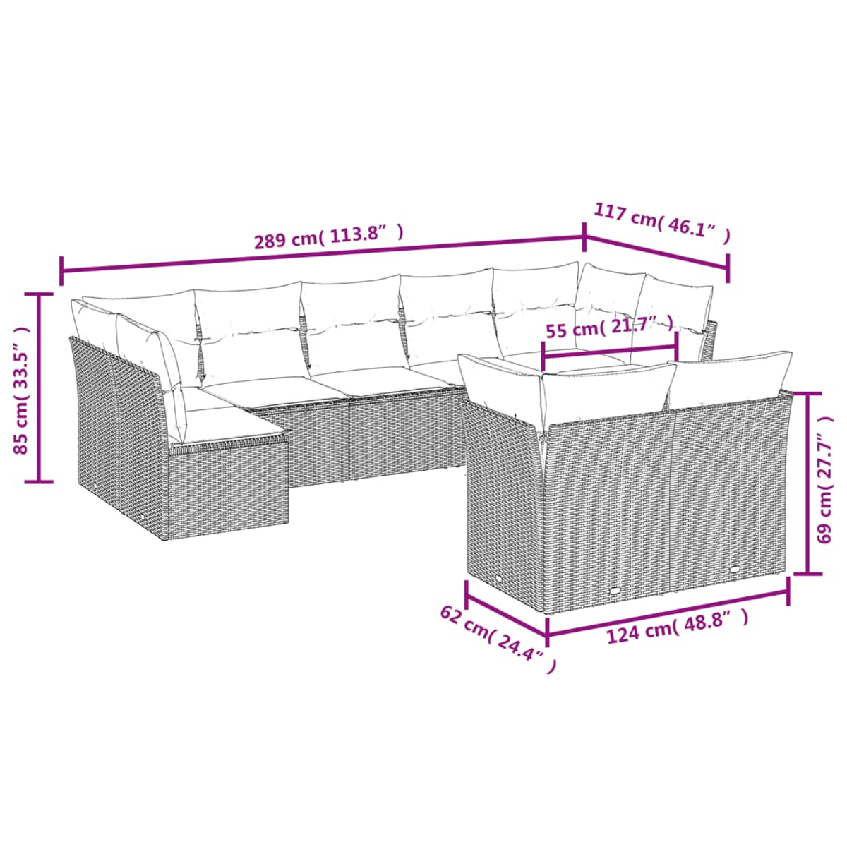 Ein Ecksofa im Rattan-Stil für den Außenbereich, Abmessungen mit Maßangaben in cm und Zoll.